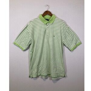 Tommy Hilfiger Polo Shirt Mens XXL Green White Striped Short Sleeve Pique Cotton